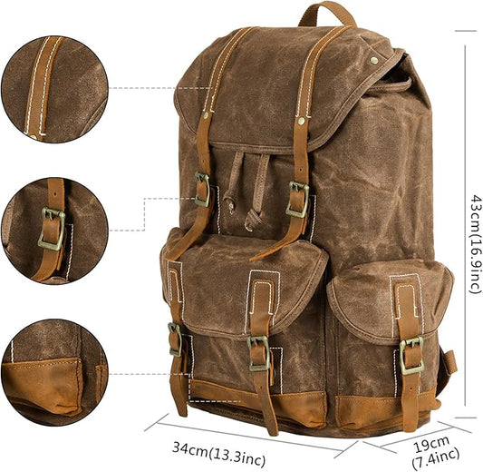 Backpack for Men Heavy Duty Waxed Canvas Vintage Women Trim Casual 15.6" laptop Travel Backpack-Brown