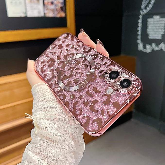for iPhone 16 Case Magnetic,Soft Cute Luxury Leopard Cheetah Pattern Plating Glitter Bling Phone Case Compatible with MagSafe Clear Shockproof Back Cover for Women Girl 6.1"-Pink