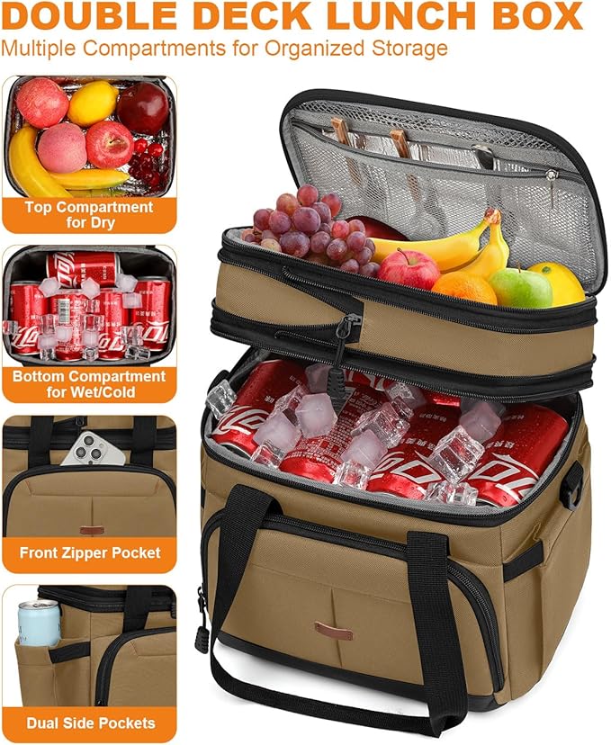 Lunch Box for Men Women Double Deck Insulated Lunch Bag for Men Woman Leakproof Expandable Cooler Bag with Adjustable Shoulder Strap for Work Picnic School(Khaki,16L)