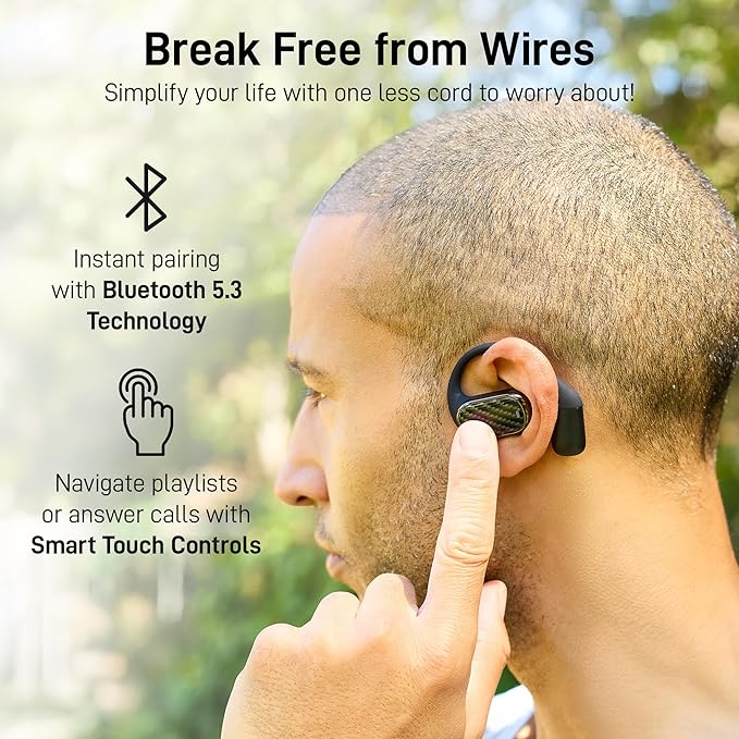 Groovz Open-Ear True Wireless Headphones with Smart Battery Display - Designed and Engineered in The USA - IPX5-Rated Bluetooth Open Ear Earbuds Compatible with Apple & Android - Carbon Fiber
