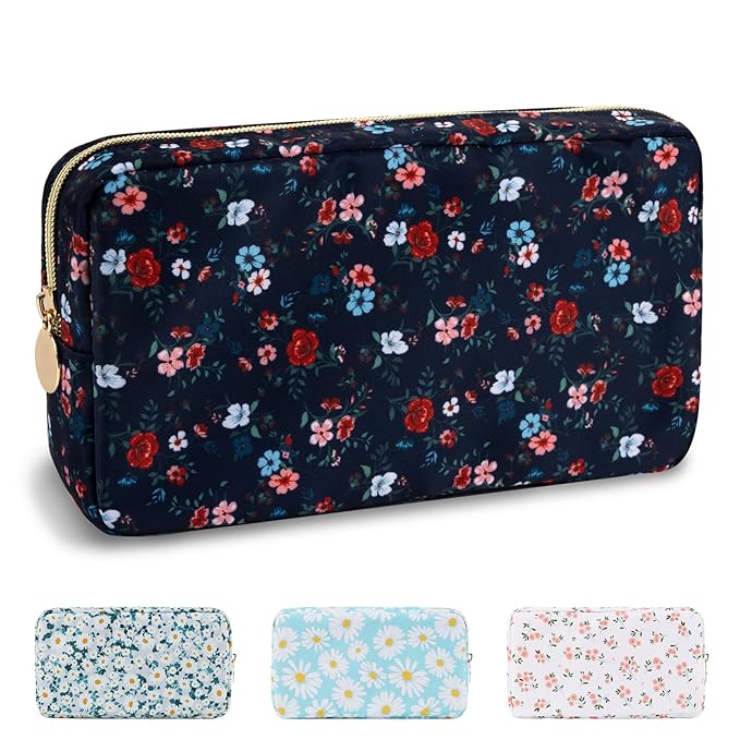 Waterproof Small Floral Makeup Bag Pouch for Purse,Nylon Flower Cosmetic Bag Preppy Travel Toiletry Storage Bag for Women Girl,Cute Makeup Organizer Bag Skincare Bag with Zipper(Small Black-Flowers)