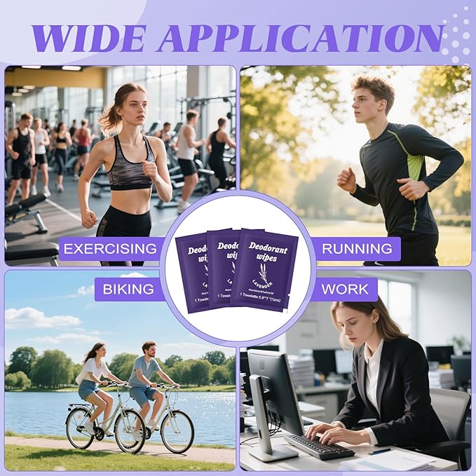 Travel Deodorant Wipes Individually Wrapped,Body Wipes to Clean Skin for Women Men（Lavender,pack of 50)