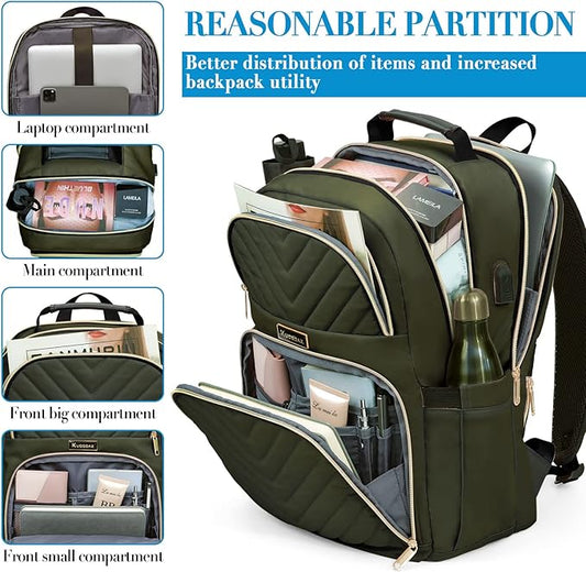 Travel Laptop Backpack, School Backpack for Teen Girls Boys,15.6 Inch Large Quilted College Bookbag for Women Men with USB Charging Port, Army Green