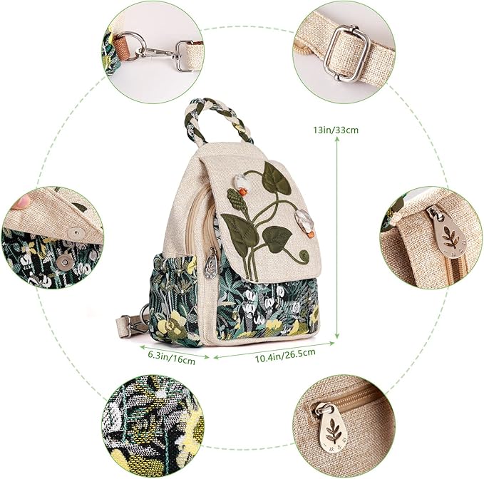 Girl's Convertible Sling Bag, Hand Craft Artisan Purse, Beautiful Canvas Premium Casual Day Mini Backpack for Women (Green Marsh)