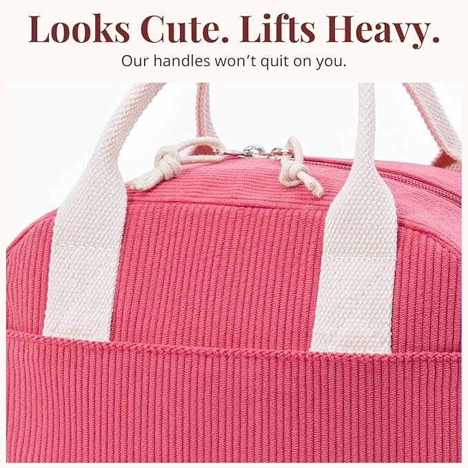 Insulated Lunch Bag for Women Men, Stylish Corduroy Tote Bag with Aluminum Lining, Large Capacity Reusable Cooler for Work, Travel, or Beach, Raspberry Pink Lunch Box