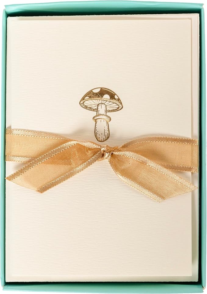 Graphique Mushroom Cards, Pack of 10 Cards with Envelopes, All Occasion Greetings, Blank Inside, Gold Foil Embossing, La Petite Press Collection Boxed Set, 3.25" x 4.75"
