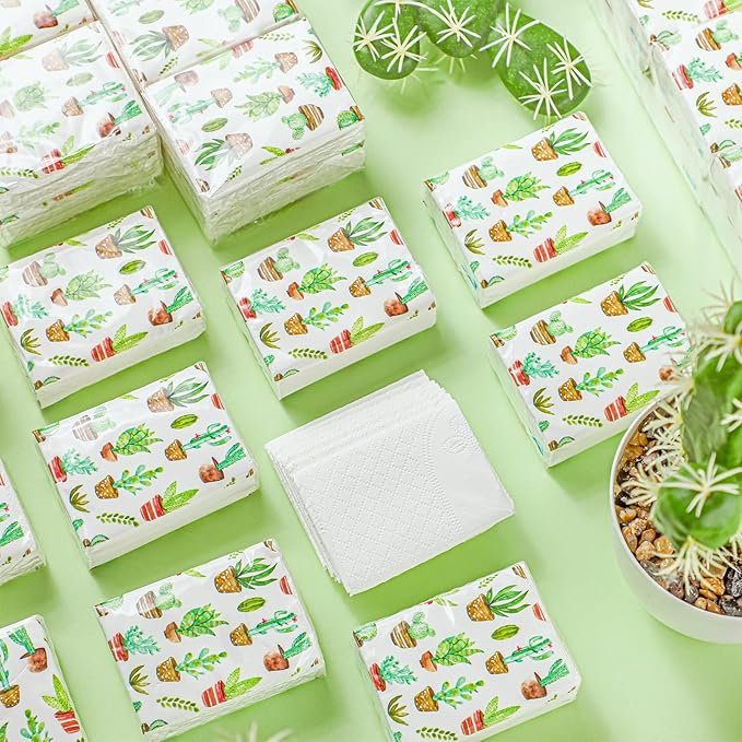 100 Pack Facial Tissue Mini Paper Pocket Tissues Small Size Travel Tissue Packs for Wedding Party Favors Graduation Celebration, 3 Ply, 2.8 x 2.2 In(Cactus)
