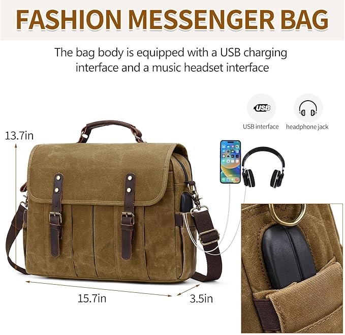 Messenger Bag for Men 15.6 Inch Vintage Canvas Genuine Leather Briefcase for Men Laptop Bag Satchel Shoulder Bag