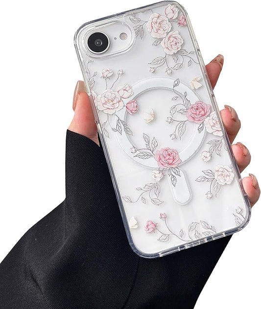 ZTOFERA for iPhone 16e Magnetic Case Compatible with Magsafe, Aesthetic Floral Pattern Design Cute for Girl Women,Anti-Drop Protective Hard Phone Cover for iPhone 16e-Pink Rose