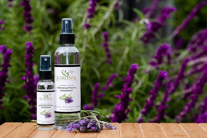 EuroSpa Aromatics Pure Eucalyptus Oil ShowerMist and Steam Room Spray, All-Natural Premium Aromatherapy Essential Oils - Lavender Infused, 2oz