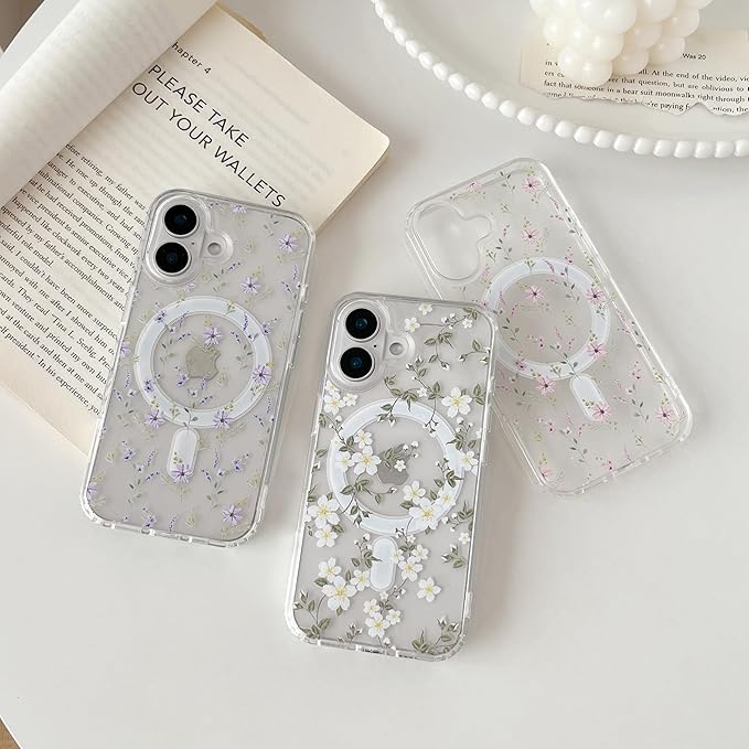ZTOFERA for iPhone 16 Magnetic Case Compatible with Magsafe,Aesthetic Floral Pattern Design Cute for Girl Women,Anti-Drop Protective Hard Phone Cover for iPhone 16-Big White Flower