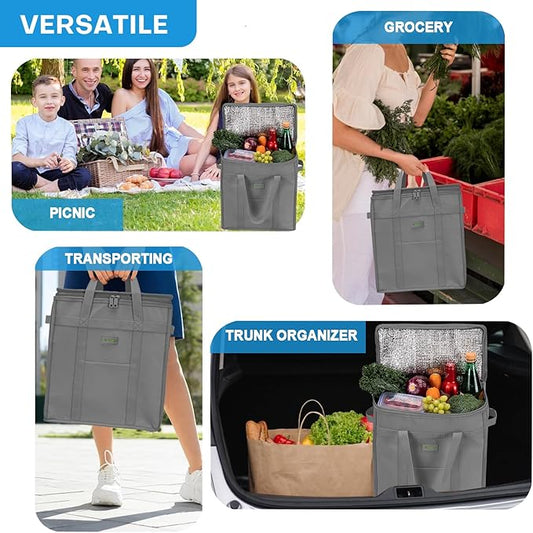 JUNGYOON 2-Pack Heavy-Duty Insulated Grocery Bags & Food Delivery Bag – Collapsible Cooler Bag with Zippered Top | Reusable Shopping Bags for Groceries, Picnics, Easy Storage(M Grey)