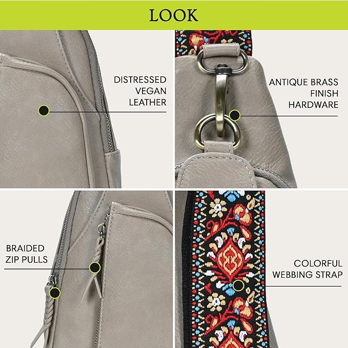 Antik Kraft Tasha Webbing Strap Sling (Taupe) | Vegan Leather Crossbody Bag for Women with 16-20" Strap | Sling Bags for Women with Durable Antique Brass Hardware | 7in x 2.5in x 12.5in |