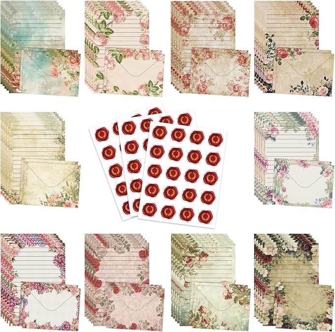 160 Pcs Stationery Paper Envelopes Set Includes 50 Lined Writing Paper & 50 Envelopes with 60 Colorful Round Dot Stickers, Vintage Floral Letter Writing and Stationery Paper Envelopes(10Style)