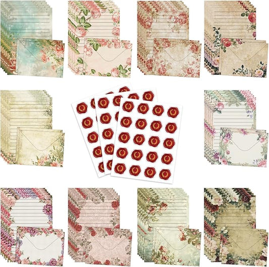 160 Pcs Stationery Paper Envelopes Set Includes 50 Lined Writing Paper & 50 Envelopes with 60 Colorful Round Dot Stickers, Vintage Floral Letter Writing and Stationery Paper Envelopes(10Style)