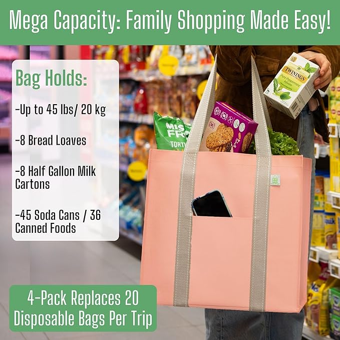 VENO 4 Pack Reusable Grocery Bags, Heavy-Duty Shopping Bags with Handles and Hard Bottom to Stand Upright, Foldable, Multi-Purpose, Sustainable (Peach Pink, 4 Pack)