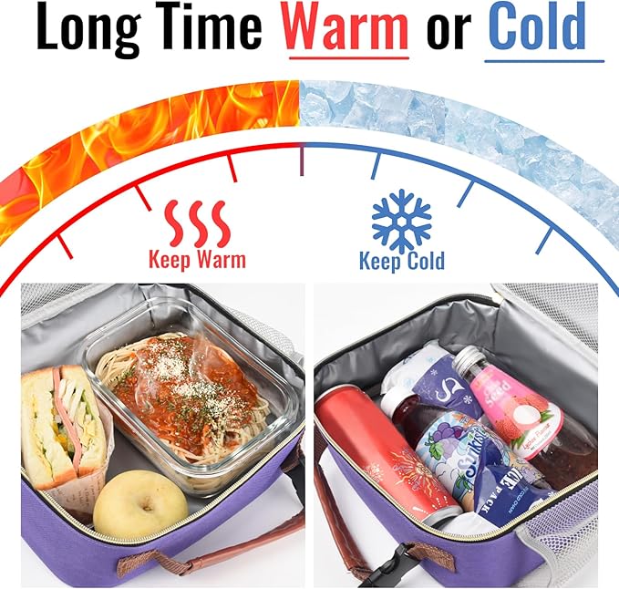 Genteen Lunch Box for Women Adults Girls - Insulated Small LunchBox Reusable, Zip Closure & Buckle Handle, Portable Cooler for Work, School, Travel (Purple)