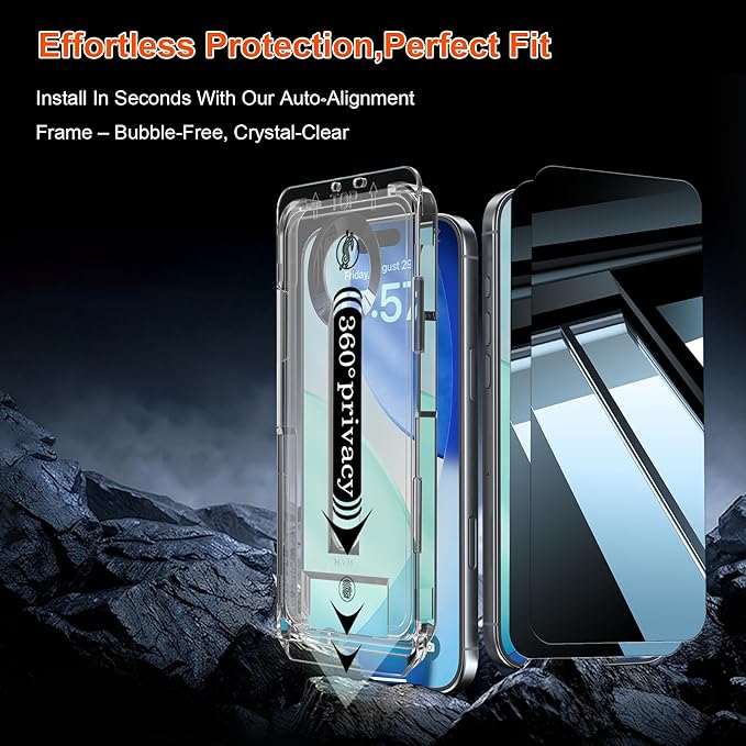 OneFish Screen Protector Privacy Compatible with iPhone 17 Pro 2 Pack 4 Way 360° Anti-Spy Tempered Glass, 9H Hardness, 3D Curved Edges, Case-Friendly & Easy Installation