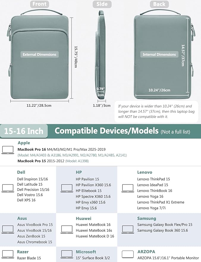 HYZUO 15-16 Inch Laptop Bag Sleeve for MacBook Pro 16 M4 M3 M2 M1 2025-2019, 15" Surface Book, Notebook Case for 15" 15.6" Dell HP Lenovo ThinkBook Asus Acer Samsung Huawei, Ash Blue