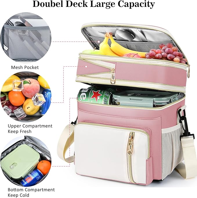 LOKASS Lunch Box for Women, 16L, Double Deck Expandable Insulated Lunch box For Adults/Women Thermal Large Waterproof Leakproof Cooler Bag with Shoulder Strap - Light Pink