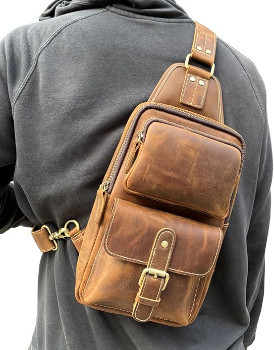 Genuine Leather Sling Bag for Men Women Backpack Chest Shoulder Satchel Crossbody Bags Casual Outdoor Daypack