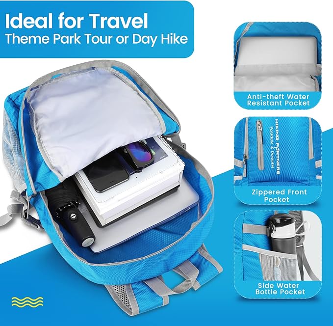 ZOMAKE Lightweight Packable Backpack, 35L Light Foldable Hiking Backpacks Water Resistant Collapsible Daypack for Travel(Light Blue)