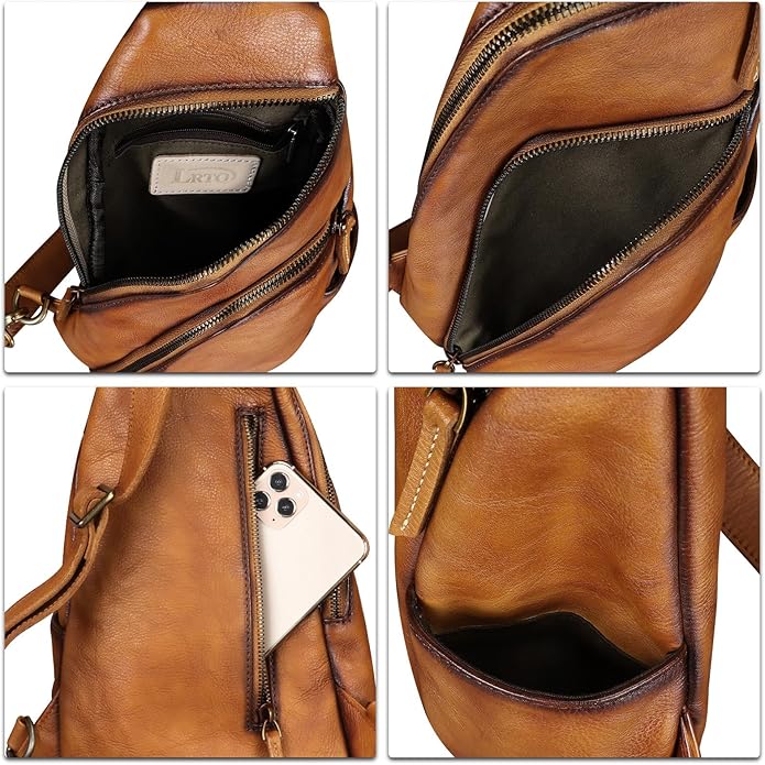 Genuine Leather Silng Bag for Men and Women Vintage Leather Sling Backpack Purse Shoulder Crossbody Bag Chest Bag