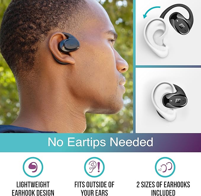 MEE audio AirHooks Pro True Wireless Open Ear Sports Headphones Bluetooth Earbuds - Comfortable Sweatproof Non-Isolating Headset Earphones for Safer Workouts & Running
