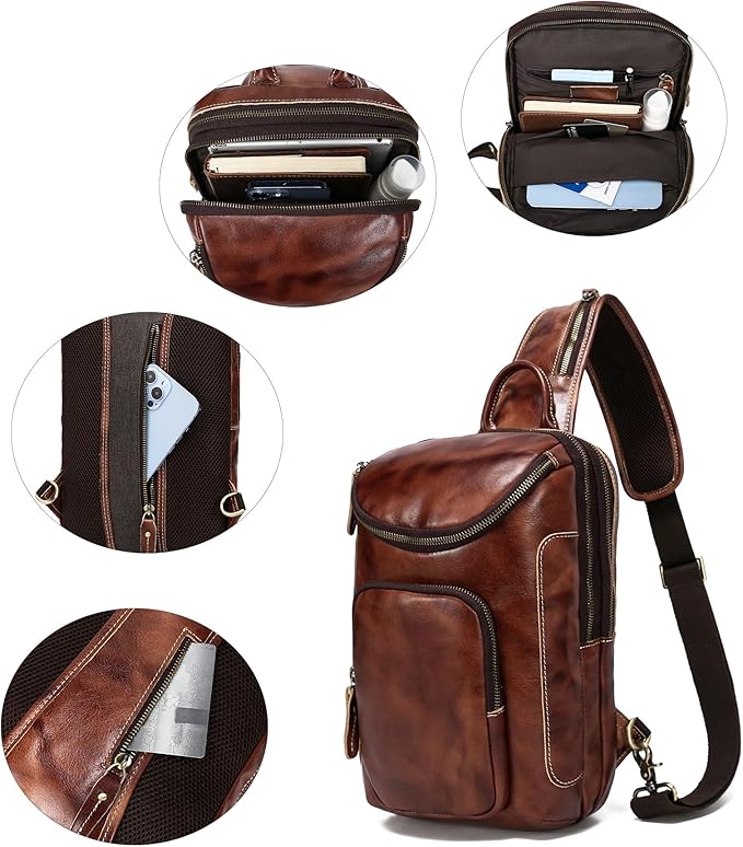 LANNSYNE Vintage Full Grain Leather Sling Bag Crossbody Chest Daypack