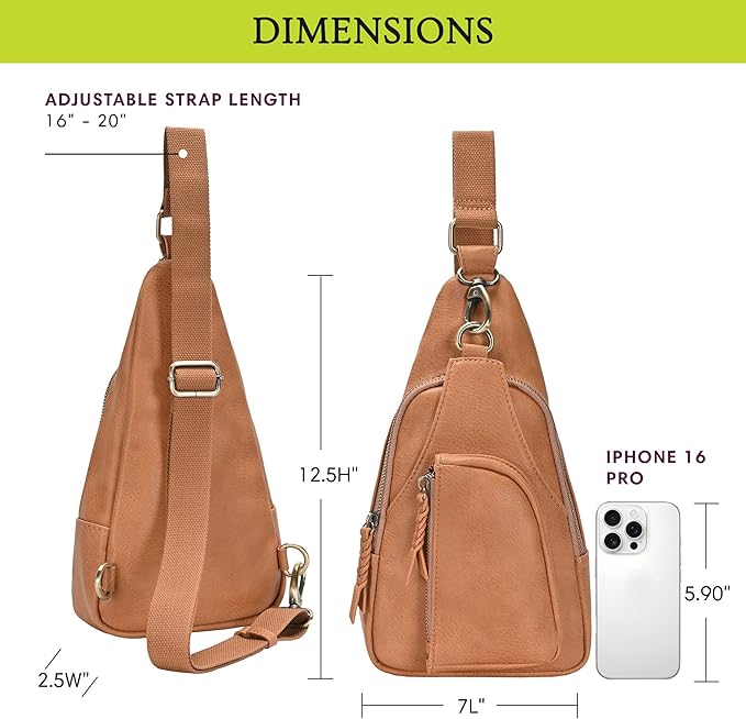 Antik Kraft Tasha Crossbody Sling (Camel) | Vegan Leather Crossbody Bag for Women with 16-20" Strap | Sling Bags for Women with Durable Antique Brass Hardware | 7in x 2.5in x 12.5in |