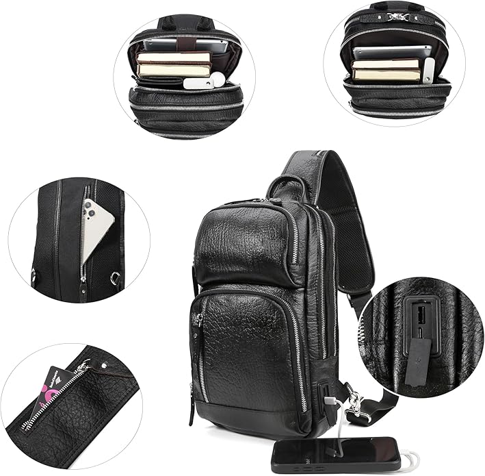 LANNSYNE Full Grain Leather Sling Bag For Men Crossbody Chest Daypack fits 10.5" iPad