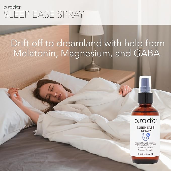 PURA D'OR 3.38 Oz Sleep Ease Spray – Relaxing Mist with Botanical Extracts – Infused with Melatonin, Magnesium & GABA – Supports Tranquility & Relaxation