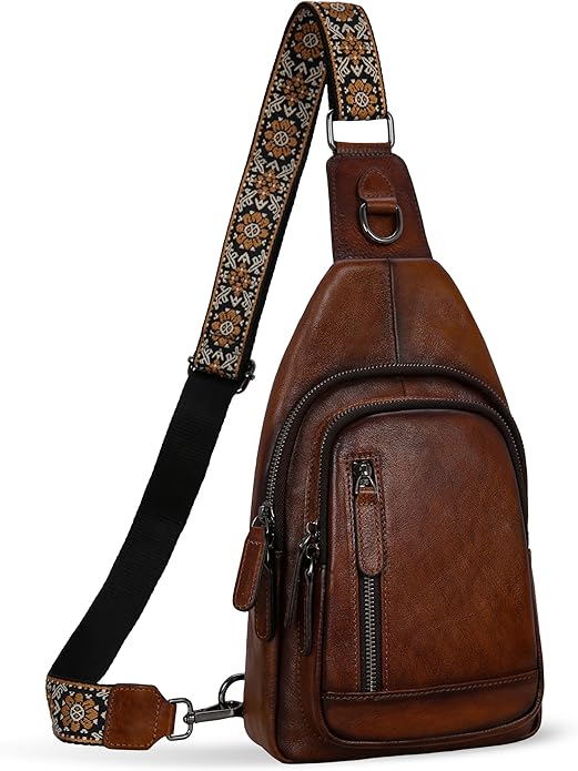 HESHE Leather Sling Bag for Women Crossbody Bags with Multi-Pocket Stylish Fanny Packs for Travel Chest Bag