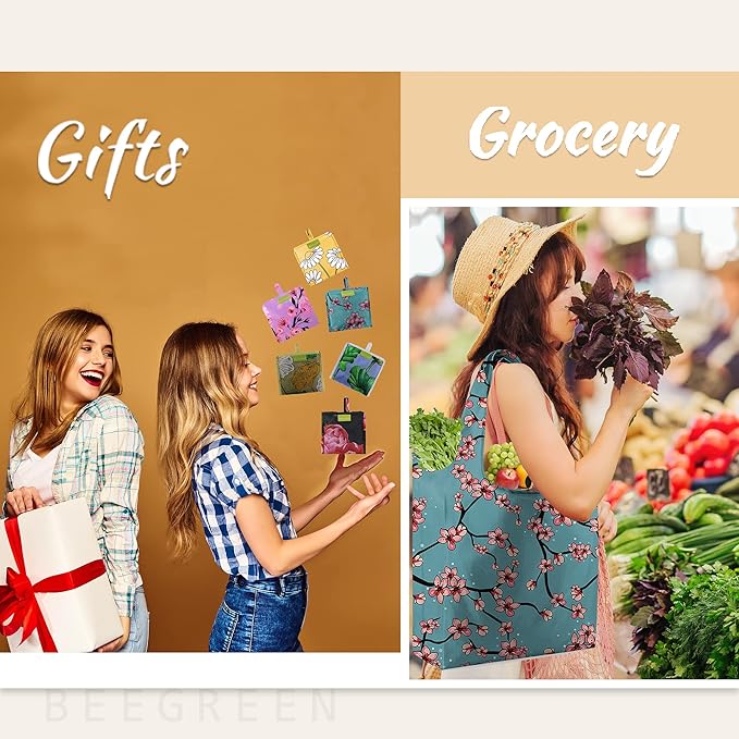 BeeGreen Floral Foldable Grocery Reusable Bags Large Shopping Tote for Groceries Cute Cloth Bags With Handles Gift Bag Groceries Tote -bag Bulk Polyester Heavy Duty Holiday