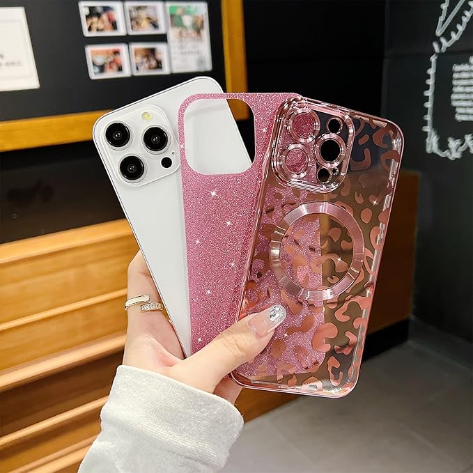 for iPhone 14 Pro Case Magnetic,Soft Cute Luxury Leopard Cheetah Pattern Plating Glitter Bling Phone Case Compatible with MagSafe Clear Shockproof Back Cover for Women Girl 6.1"-Pink