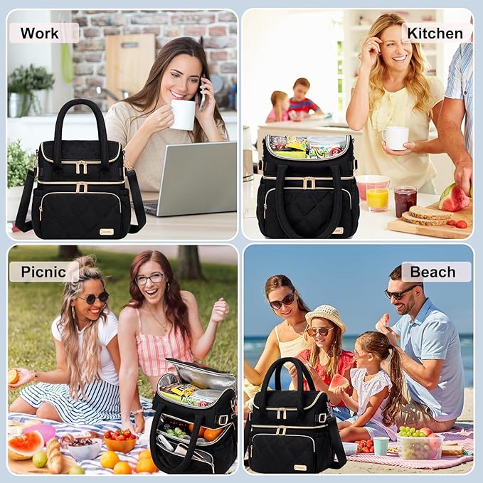 Weitars Lunch Bag for Women Men,Double Deck Lunch Box for Women,Quilted Lunch Tote for Work,Insulated Lunch Cooler Leakproof Lunchbox for Adult with Shoulder Strap &Pockets for Picnic Hiking (Black)
