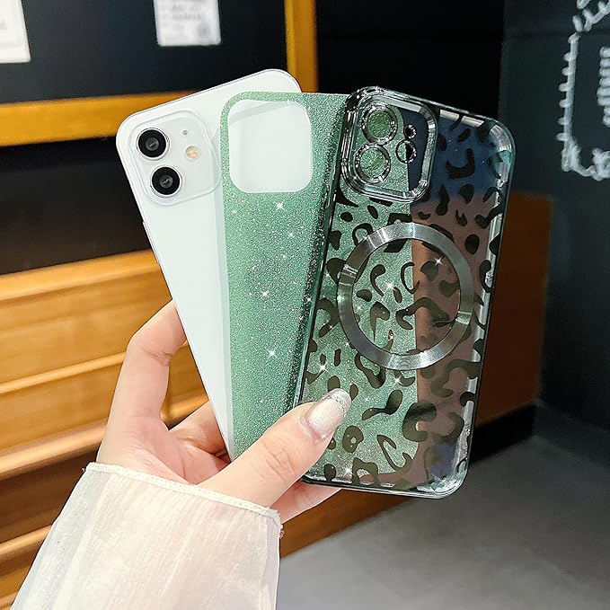 for iPhone 11 Case Magnetic,Soft Cute Luxury Leopard Cheetah Pattern Plating Glitter Bling Phone Case Compatible with MagSafe Clear Shockproof Back Cover for Women Girl 6.1"-Green