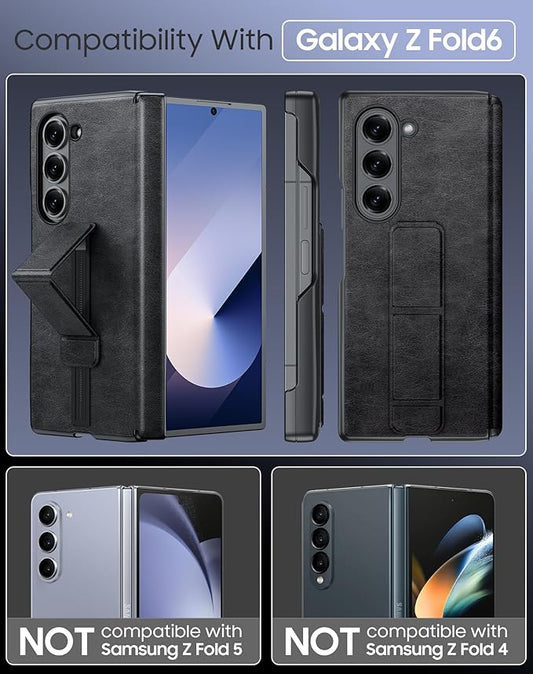 for Samsung Galaxy Z Fold 6 Case with Hand Strap & Kickstand & Hinge Protection, Ultra Slim Skin Feel Pattern Printing Full Body Shockproof Phone Case for Z Fold 6, No Screen Protector (Vintage Black)