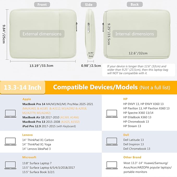 HYZUO 13.3-14 Inch Laptop Sleeve Bag Set for MacBook Pro 14 M4/M3/M2/M1, MacBook Air/Pro 13.3, 13.5"/13.8" Surface Book/Laptop, Notebook Case for 13.3" HP Dell Lenovo Asus Acer, Beige