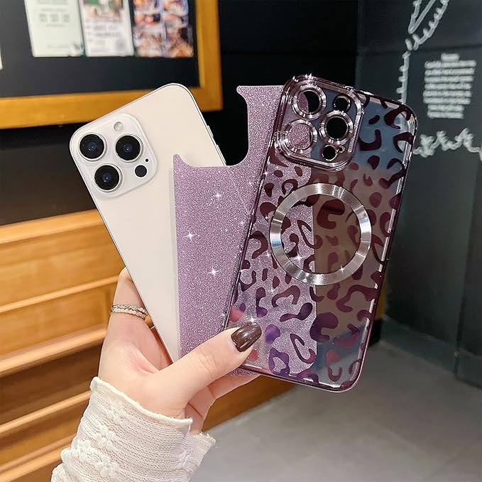 for iPhone 16 Pro Max Case Magnetic,Soft Cute Luxury Leopard Cheetah Pattern Plating Glitter Bling Phone Case Compatible with MagSafe Clear Shockproof Back Cover for Women Girl 6.9"-Purple