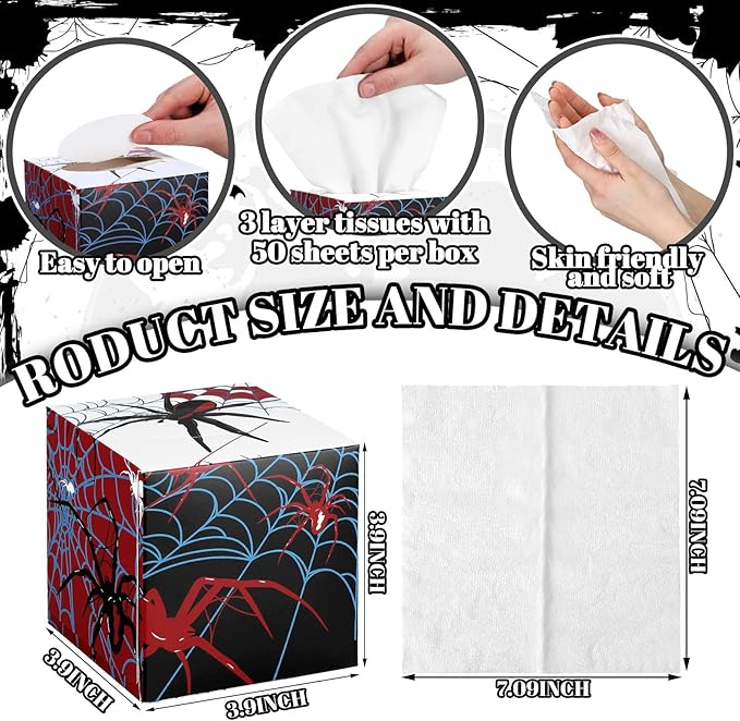 12 Pack Spider Facial Tissues Cube Face Boxes 600 Sheets 3 Ply Small Spiderweb Square Tissues Bulk for Spider Birthday Party Decorations