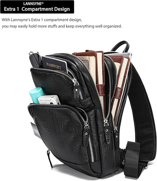 LANNSYNE Full Grain Leather Sling Bag For Men, Crossbody Bag fits 12.9" iPad Crossbody Chest Daypack