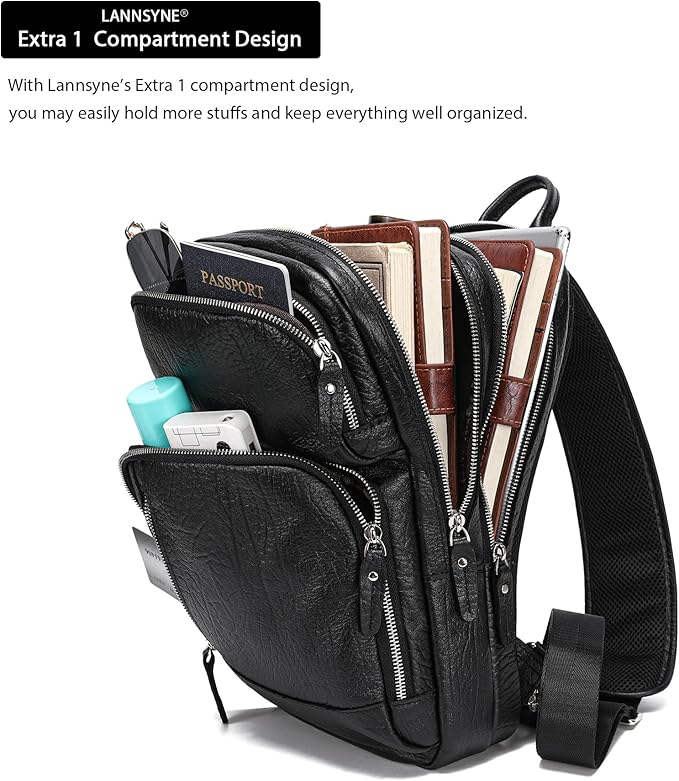 LANNSYNE Full Grain Leather Sling Bag For Men, Crossbody Bag fits 12.9" iPad Crossbody Chest Daypack