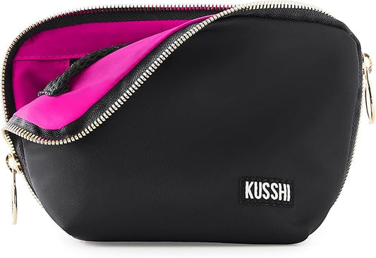 KUSSHI Washable Travel Makeup Bag for Purse (Everyday, Satin Black/Pink)
