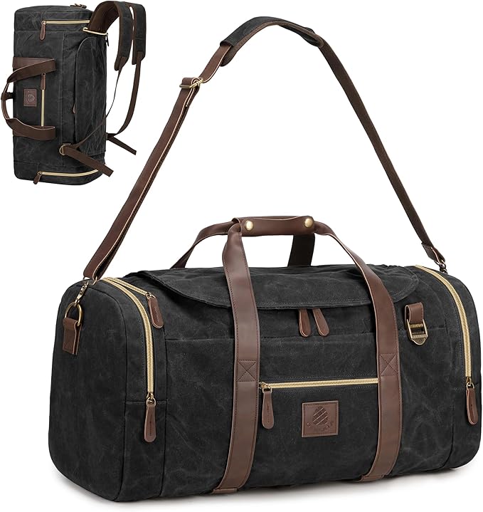 50L Duffle Bag for Men, Nomad Waxed Canvas Travel Duffel Bag Vintage Genuine Leather Travel Handbag Upgraded Weekender Overnight Backpack with Shoes Compartment (Vintage Black, Large-50L)