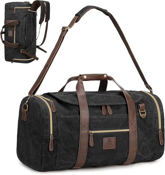 50L Duffle Bag for Men, Nomad Waxed Canvas Travel Duffel Bag Vintage Genuine Leather Travel Handbag Upgraded Weekender Overnight Backpack with Shoes Compartment (Vintage Black, Large-50L)