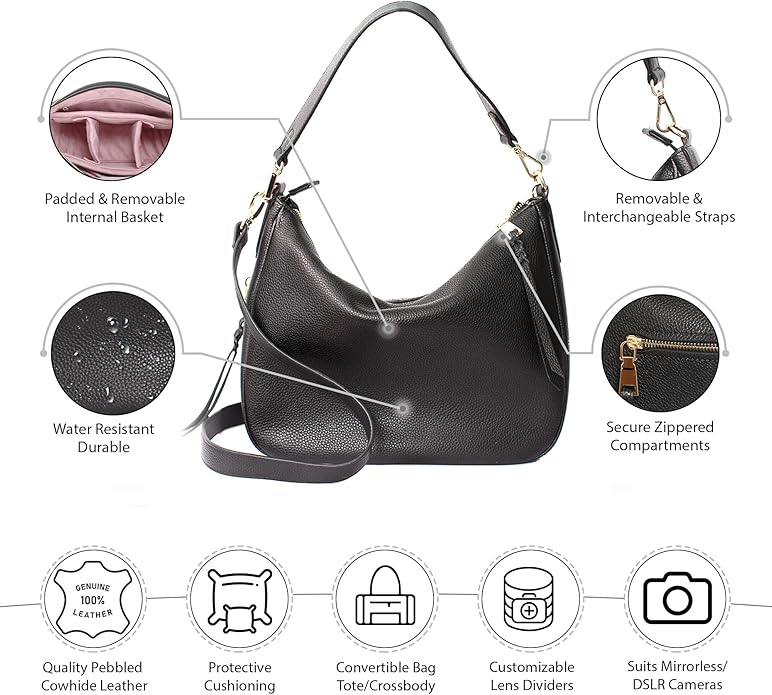 Meliae Camera Bag for Women, DSLR Mirrorless Camera Purse, Leather Shoulder Crossbody Hobo Travel Tote