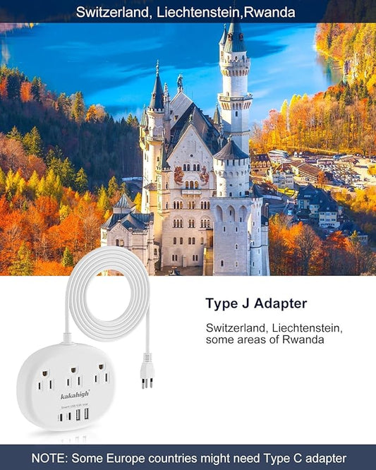 Switzerland Power Adapter, Switzerland Travel Plug Adapter with 3 American Outlets 4 USB Ports (2 USB-C) Total 24W, Type J Adapter for USA to Switzerland, Liechtenstein, Rwanda