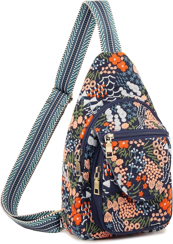 SILKAREA Vintage Embroidered Floral Ethnic Backpack for Women Handbag Shoulder Bag Mini Travel Purse (Flower Sea Blue)