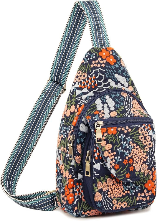 SILKAREA Vintage Embroidered Floral Ethnic Backpack for Women Handbag Shoulder Bag Mini Travel Purse (Flower Sea Blue)